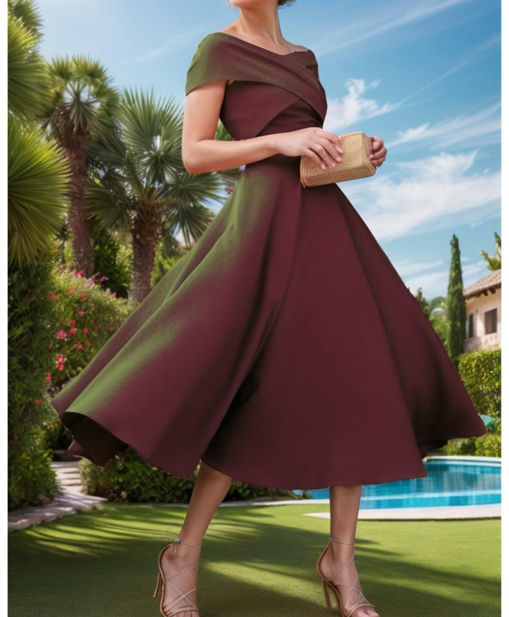 A-Line Tea Length Satin Prom Dress CS0455 - COCOMELODY