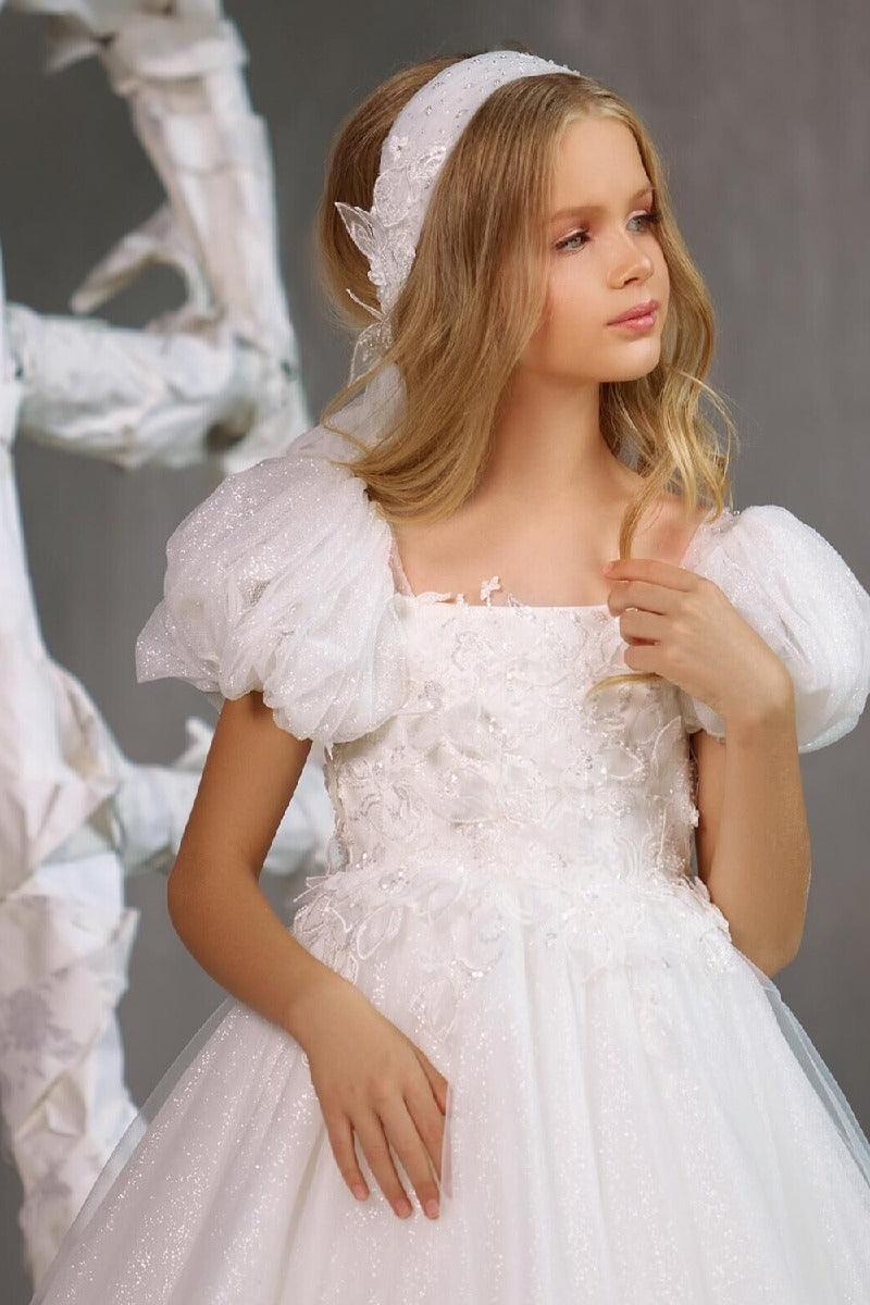 A-Line Square Neck Puff Sleeves Tulle Flower Girl Dresses 748560176475 - COCOMELODY