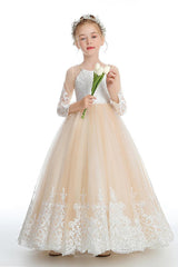 Ball-Gown/Princess Lace Tulle Sweep Floor Length Flower Girl Dresses Pageant Dresses With Bow 760441981255 - COCOMELODY