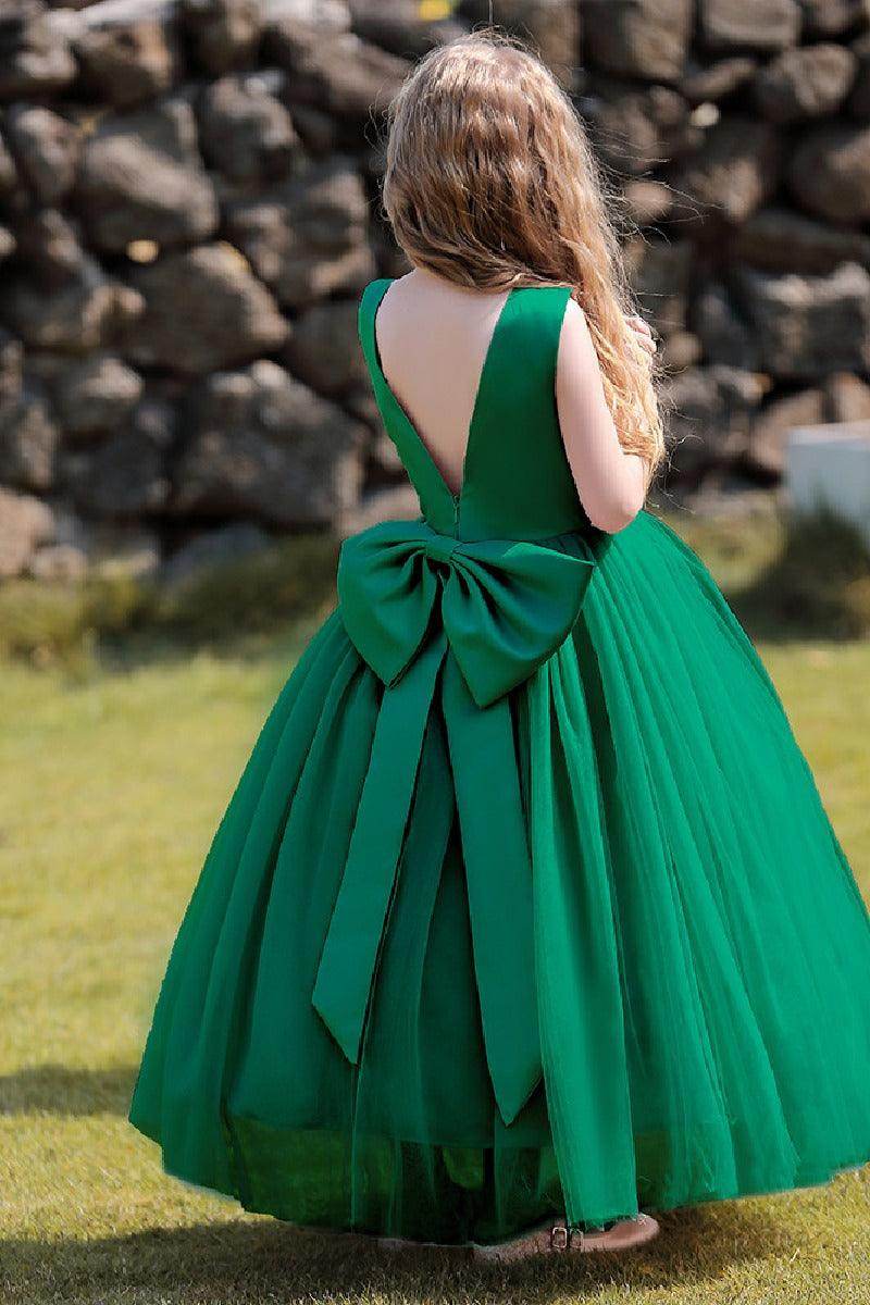 A-Line Scoop Neck Sleeveless Floor-Length Satin/Tulle Flower Girl Dresses With Bow(s) 744500696201 - COCOMELODY