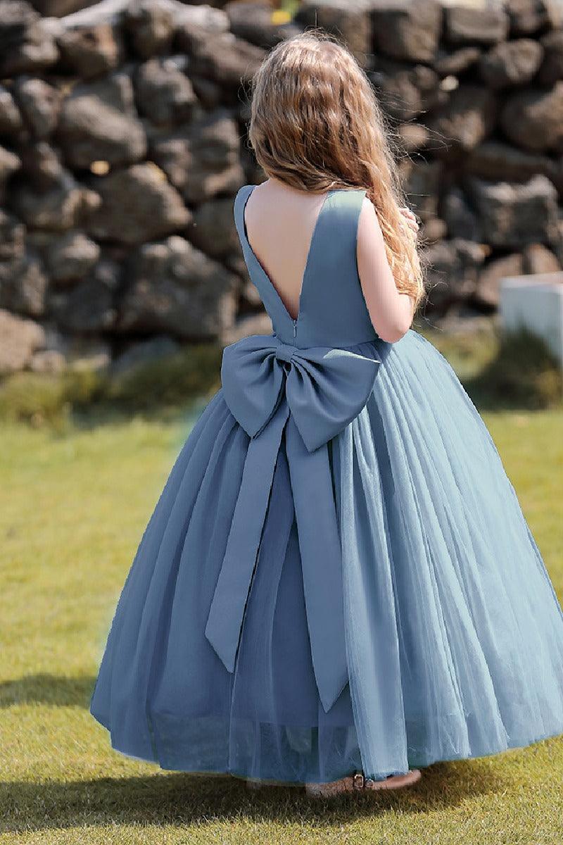 A-Line Scoop Neck Sleeveless Floor-Length Satin/Tulle Flower Girl Dresses With Bow(s) 744500696201 - COCOMELODY