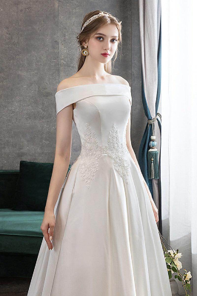 A-Line Floor Length Satin Wedding Dress 615186748563 - COCOMELODY