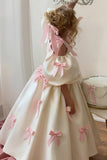 Ivory Satin Cold Shoulder Pink Bows Floor Length Flower Girl Dresses 1035700305747