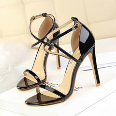Faux Leather Ankle Strap Pointy Stiletto Heels 571572295848 - COCOMELODY