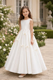 V-Back Bow Pearl Waist Scattered Bows Satin Flower Girl Dresses 1017327895779