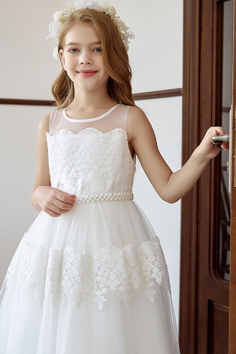 A-Line Illusion Neck Tulle Maxi Flower Girl Dresses 778034985750 - COCOMELODY