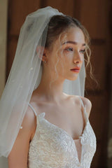 Two-tier Beaded Edge Tulle Elbow Veils with Beading 885484875185 - COCOMELODY