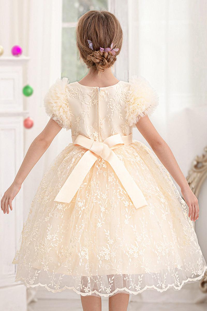 A-line/Princess Scoop Neck Knee-Length Lace Flower Girl Dress With Bowknot 769937282891 - COCOMELODY