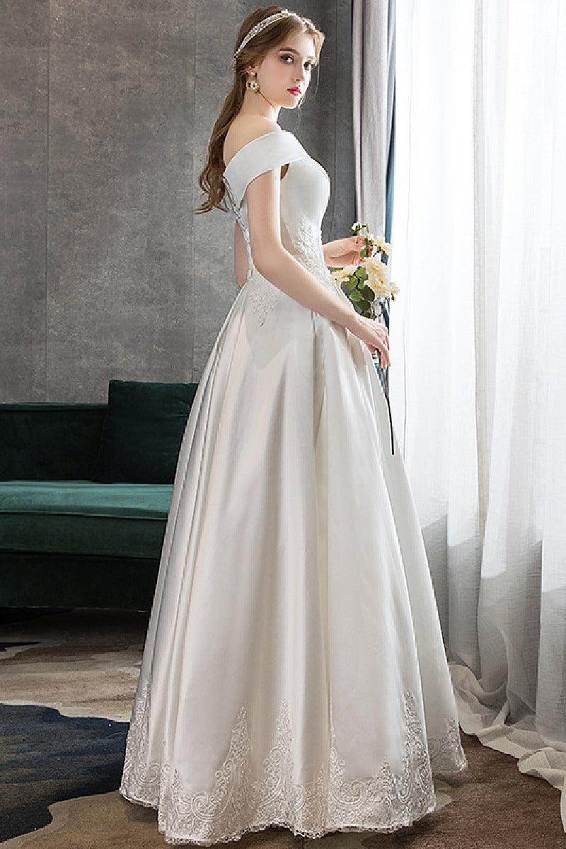 A-Line Floor Length Satin Wedding Dress 615186748563 - COCOMELODY