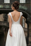 A-Line Tea Length Satin Wedding Dress 638933696642 - COCOMELODY