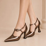 Metallic Pointed Toe Mary Jane Heels T Strap Elegant Design Shoes 915991421507