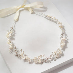 Bridal headwear White ceramic flower headband rhinestone headband 572789757034 - COCOMELODY