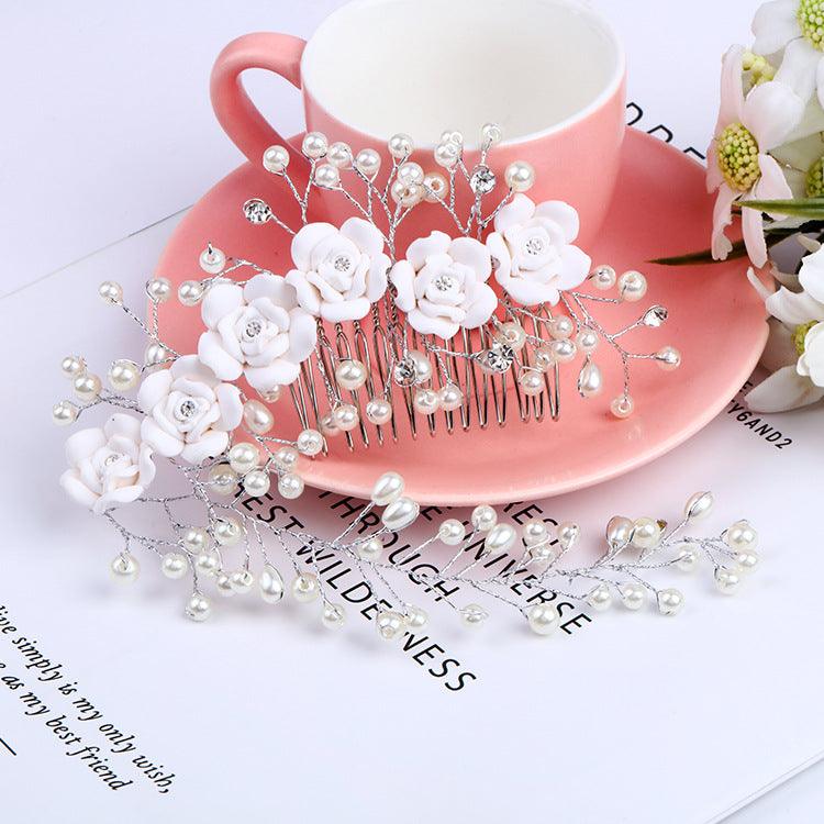 Exquisite handmade bridal hair accessories Pearl leaves rose Combs 573073773955 - COCOMELODY