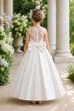 Luxury Satin Illusion Floral Mesh Back Bow Flower Girl Dresses 1042041646357