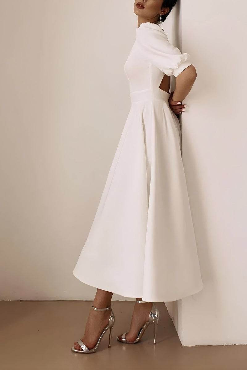 A-Line Tea Length Elastic Cloth Little White Dress 100012 - COCOMELODY