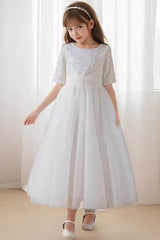 A-line/Princess Scoop Neck Tea-Length Tulle Sequined Flower Girl Dress 822092827358 - COCOMELODY
