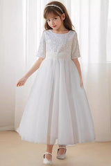 A-line/Princess Scoop Neck Tea-Length Tulle Sequined Flower Girl Dress 822092827358 - COCOMELODY