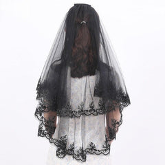 Short double comb Halloween black headdress lace veil 652118383139 - COCOMELODY