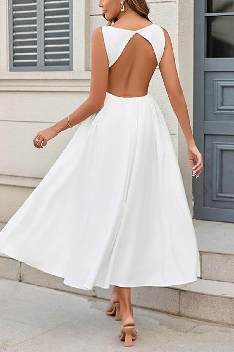 A-Line Tea Length Elastic Cloth Little White Dress 100029 - COCOMELODY