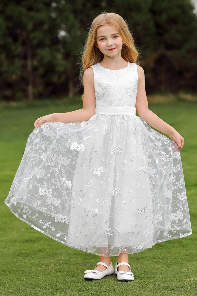 A-Line Illusion Neck Tulle Maxi Flower Girl Dresses 850572630797 - COCOMELODY