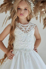 A-Line Illusion Neck Sleeveless Maxi Satin Flower Girl Dresses 782091074064 - COCOMELODY