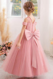 Ball-Gown/Princess Off the Shoulder Short Sleeves Tulle Floor-length Flower Girl Dresses With Lace 741957862179 - COCOMELODY