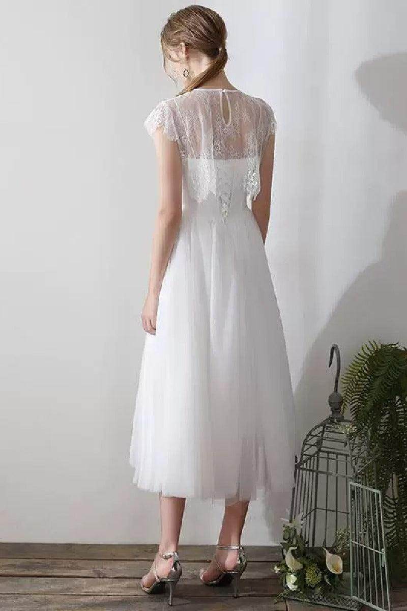 A-Line Tea Length Lace Tulle Wedding Dress 862471719437CR - COCOMELODY