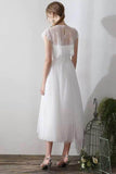 A-Line Tea Length Lace Tulle Wedding Dress 862471719437CR - COCOMELODY