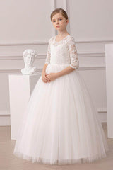 Ball-Gown Illusion Neck 3/4 Length Sleeve Lace/Tulle Flower Girl Dresses With Lace 855880153423 - COCOMELODY
