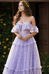 A-Line Floor Length Dot Tulle Prom Dress CS0473 - COCOMELODY