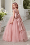 Elegant Lace Bodice Illusion Neckline Bow Back Tulle Flower Girl Dresses 901111463292