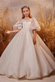 A-Line Illusion Puff Short Sleeve Heart Neck Flower Girl Dresses 750806564252