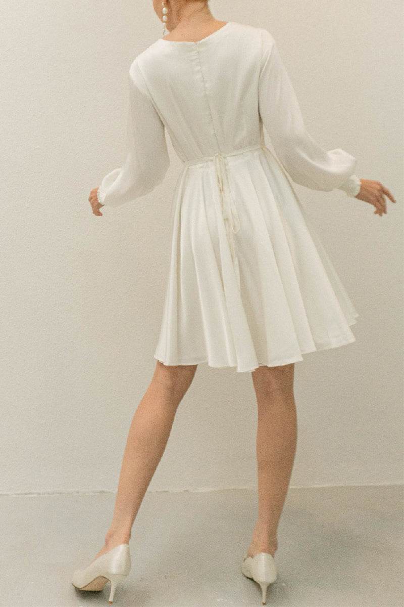 A-Line Knee Length Forged Chiffon Little White Dress 100008 - COCOMELODY