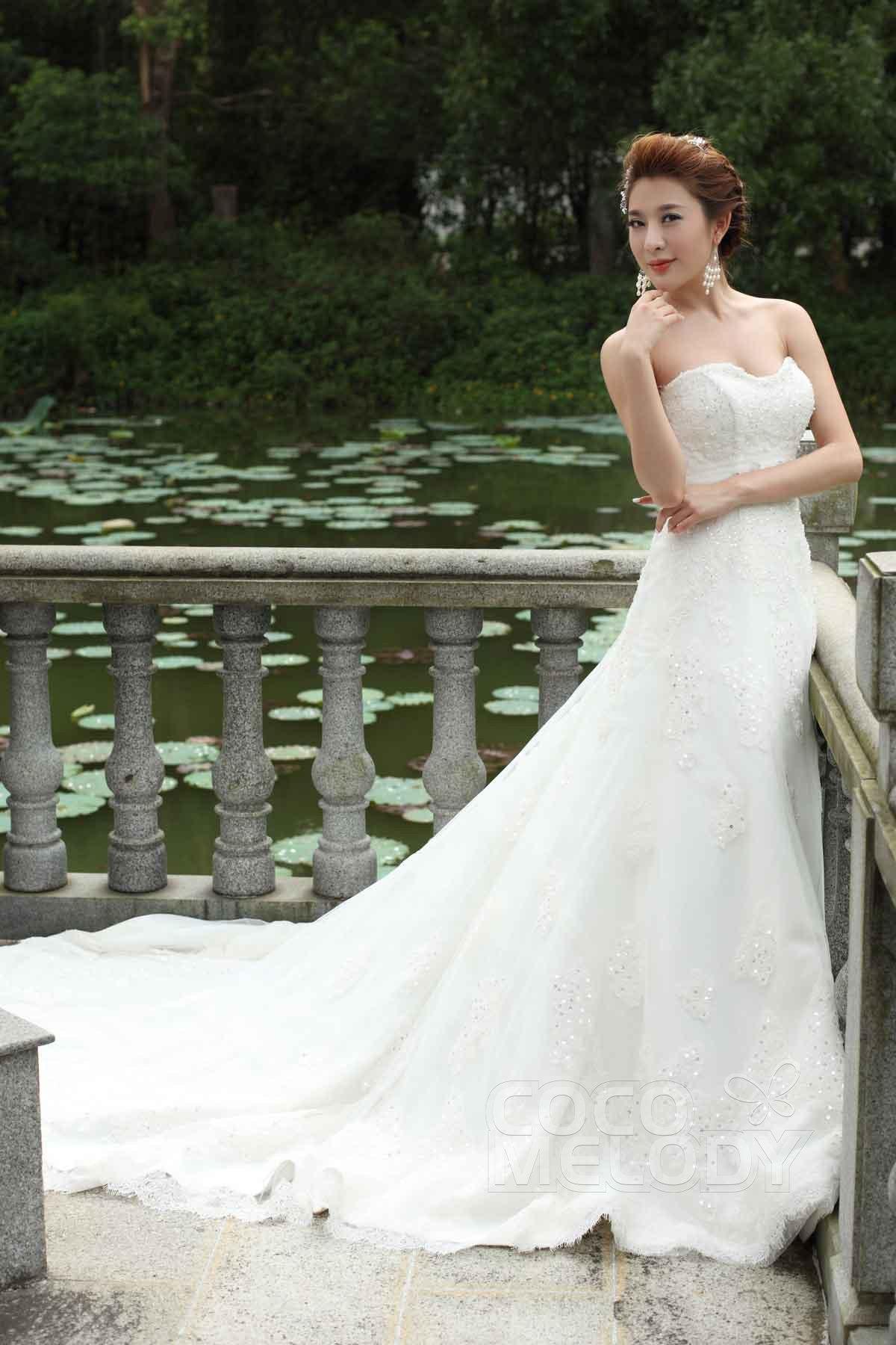 A-Line Chapel Train Tulle Wedding Dress Alb12285 - COCOMELODY