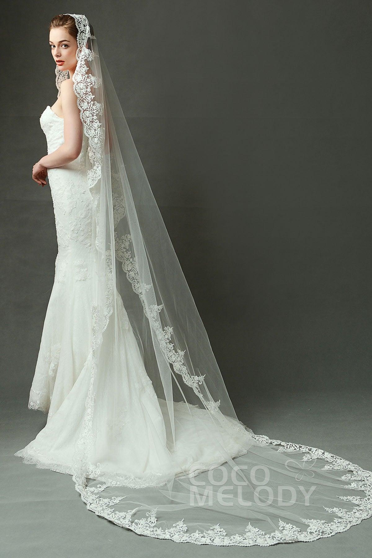 One-tier Lace Edge Tulle Chapel Veils Appliques AV160027 - COCOMELODY