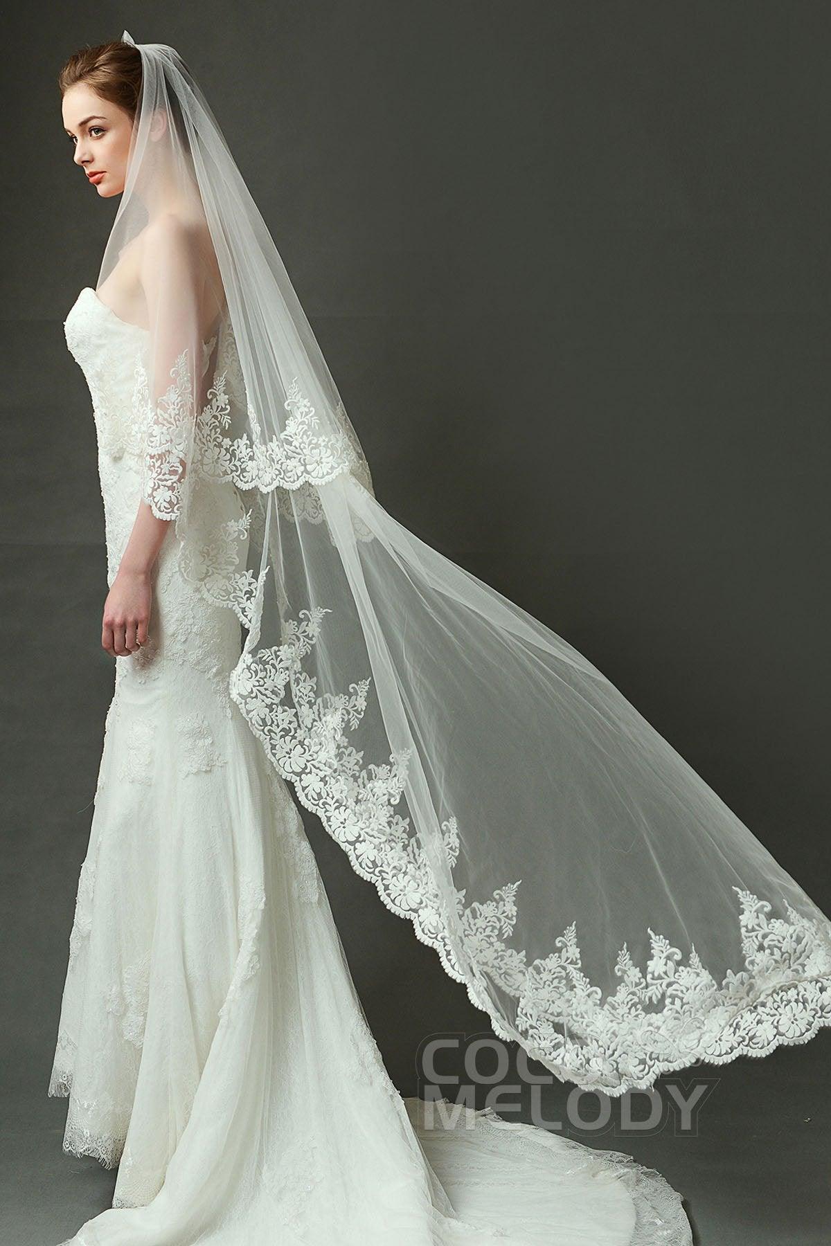 One-tier Lace Edge Tulle Chapel Veils Appliques AV160027 - COCOMELODY