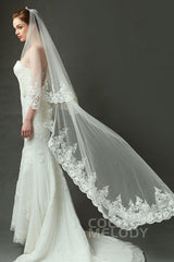 One-tier Lace Edge Tulle Chapel Veils Appliques AV160027 - COCOMELODY