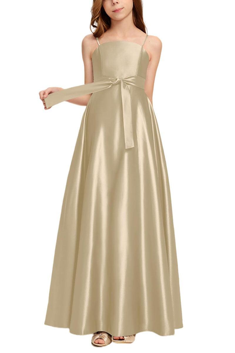 Satin Junior Bridesmaid Dress with Bow & Pockets B0C7KY63LX - COCOMELODY