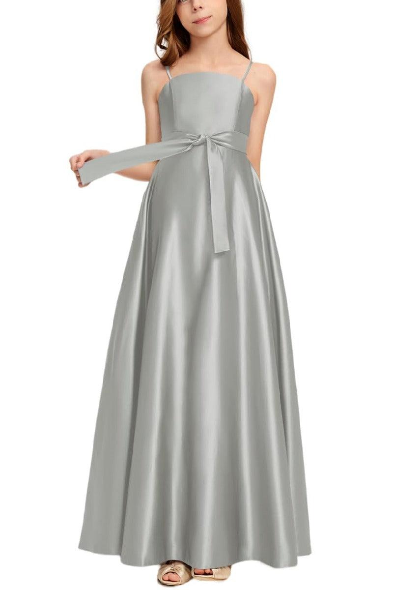 Satin Junior Bridesmaid Dress with Bow & Pockets B0C7KY63LX - COCOMELODY