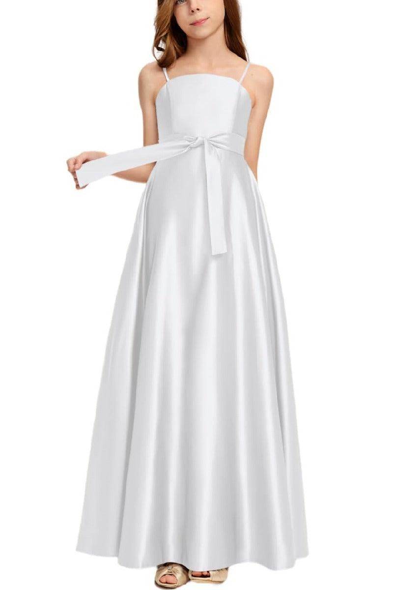 Satin Junior Bridesmaid Dress with Bow & Pockets B0C7KY63LX - COCOMELODY