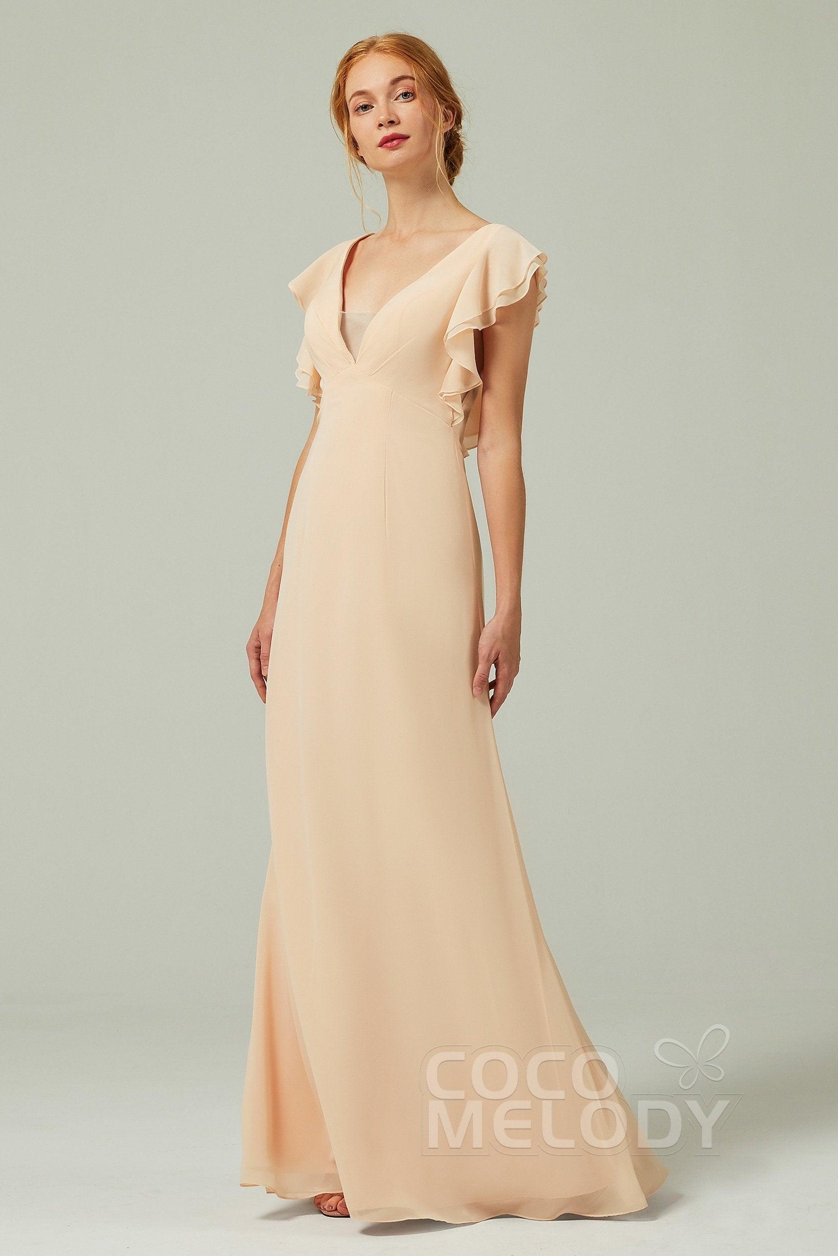Sheath-Column Floor Length Chiffon Bridesmaid Dress CB0304CR - COCOMELODY