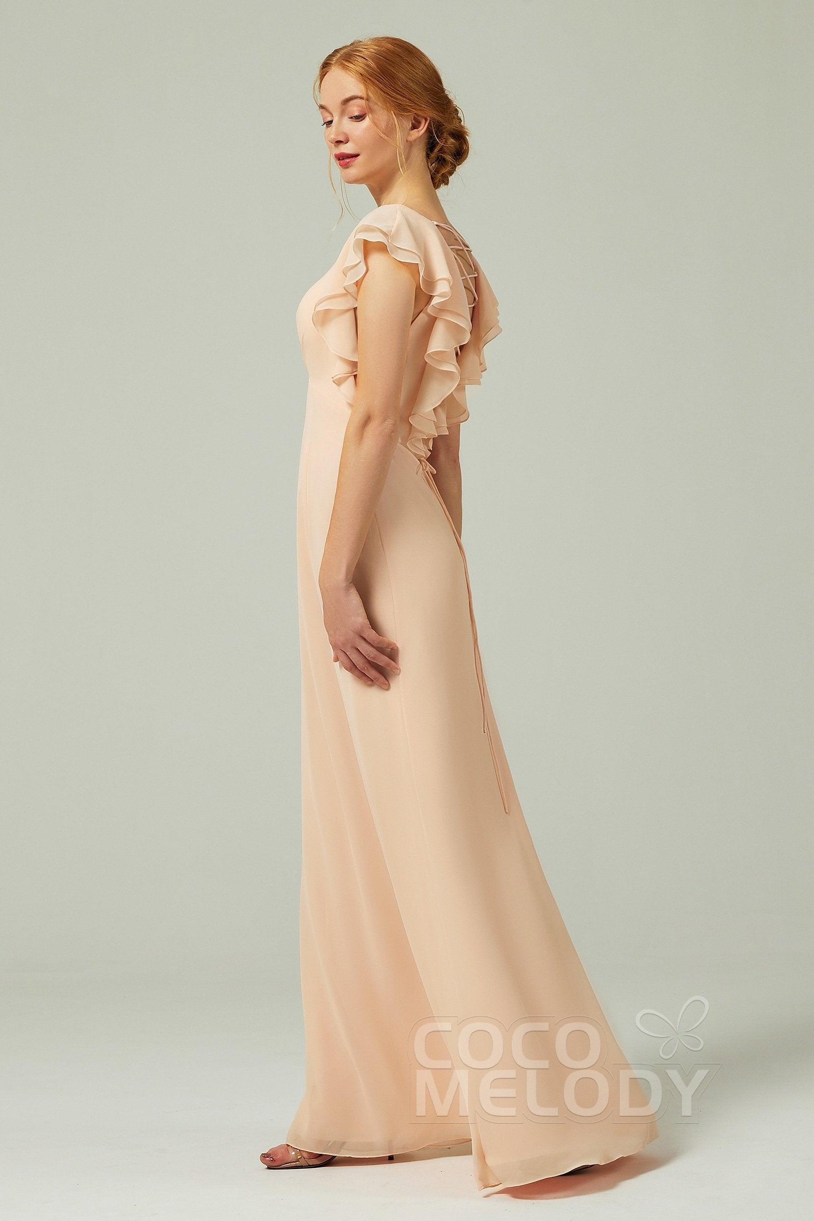 Sheath-Column Floor Length Chiffon Bridesmaid Dress CB0304CR - COCOMELODY