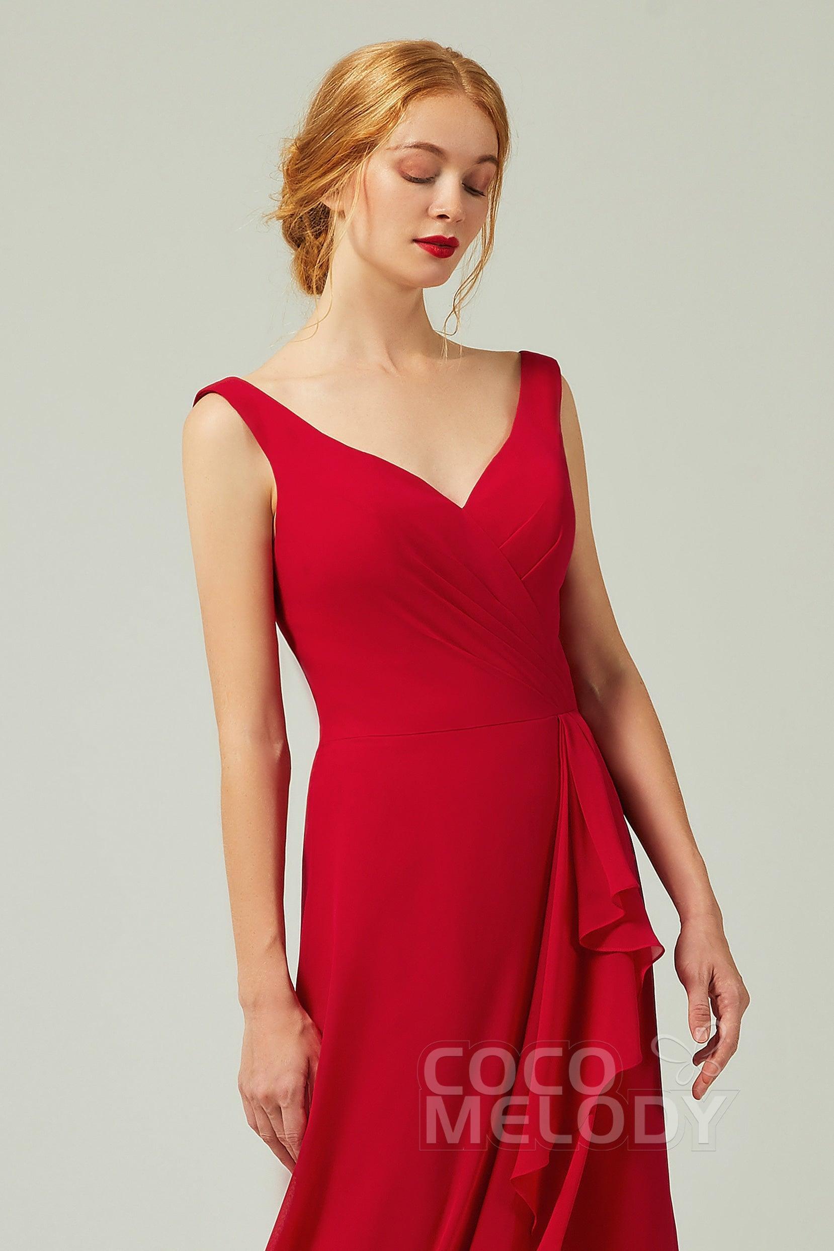 Sheath-Column Floor Length Chiffon Bridesmaid Dress Formal Dresses CB0344PS - COCOMELODY