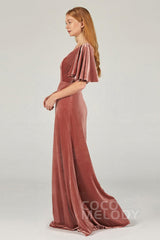 A-Line Floor Length Velvet Bridesmaid Dress Formal Dresses CB0367PS - COCOMELODY