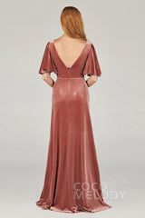 A-Line Floor Length Velvet Bridesmaid Dress Formal Dresses CB0367PS - COCOMELODY
