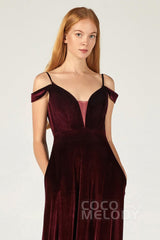 A-Line Floor Length Velvet Bridesmaid Dress CB0373CR - COCOMELODY