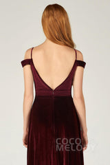 A-Line Floor Length Velvet Bridesmaid Dress CB0373CR - COCOMELODY