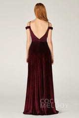 A-Line Floor Length Velvet Bridesmaid Dress CB0373CR - COCOMELODY