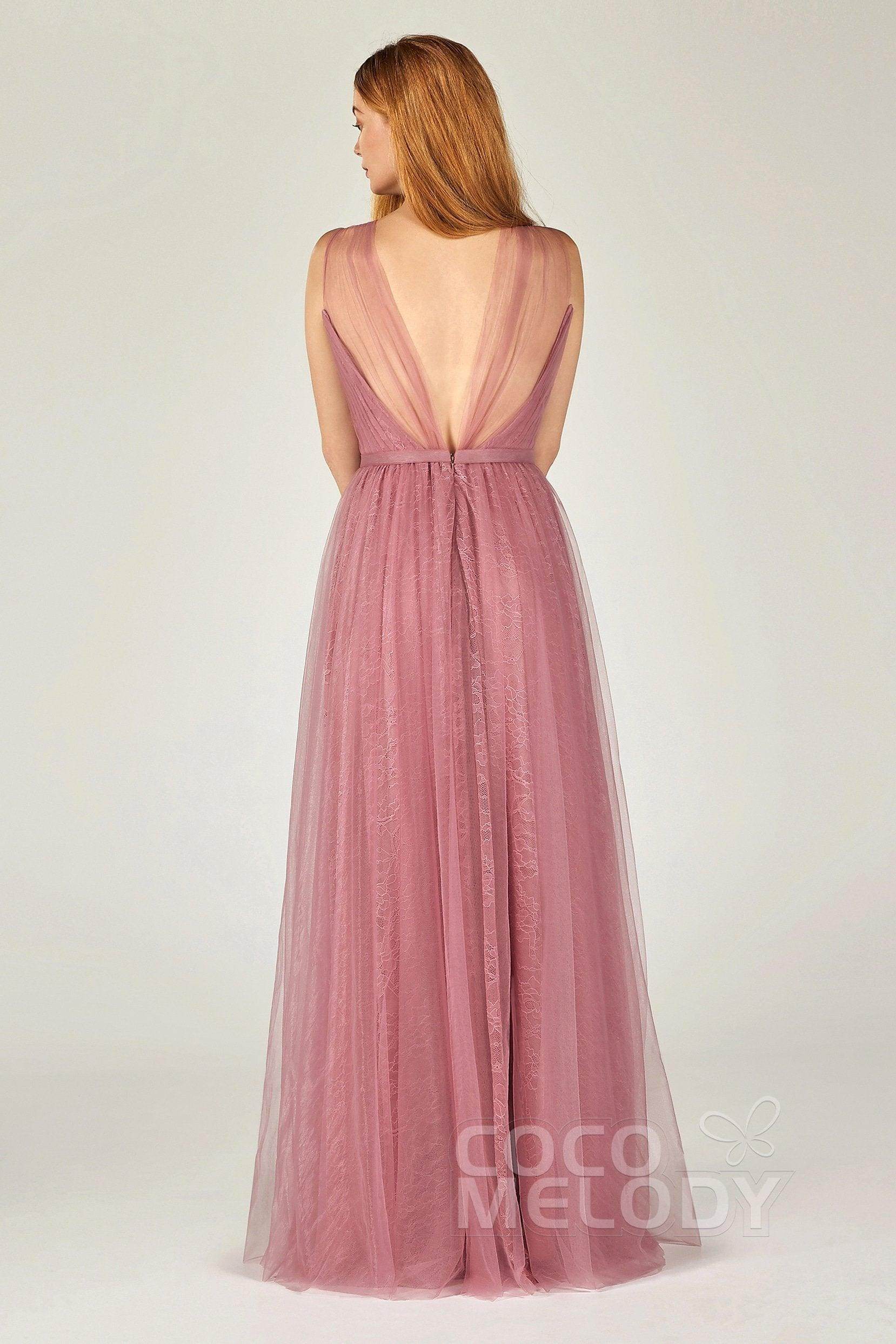 A-Line Floor Length Tulle/Lace Bridesmaid Dress CB0376CR - COCOMELODY