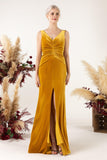 Sheath Sweep-Brush Train Velvet Bridesmaid Dress CB0518 - COCOMELODY
